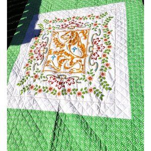 Hand Stitched Vintage Quilt, Hand Painted Design Heraldic Lion Coat of Arms